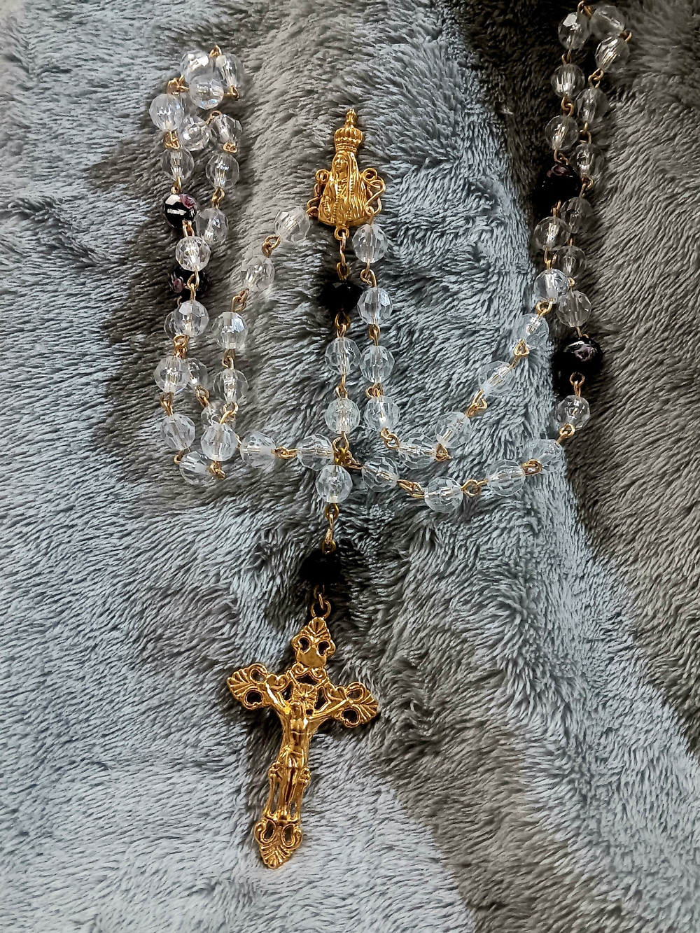Gold-Tone Rosary with Clear and Black Beads